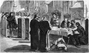 Louis de la Tremoille i jego więźniowie po bitwie pod Saint-Aubin-du-Cornier (1488). Rycina XIX wieku. autorstwa Unknown artist