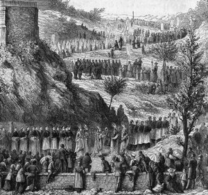 Lourdes 1864: procesja do jaskini na inaugurację posągu Maryi Niepokalanej. autorstwa Unknown artist