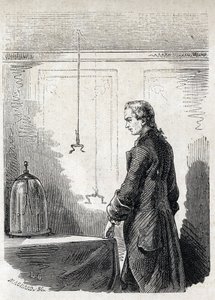 Luigi Galvani wywołuje żabie skurcze przez piorunochron - LUIGI GALVANI (1737-1798) włoski lekarz i fizyk. Powoduje skurcze u żaby prądem elektrycznym z chmury burzowej autorstwa Unknown artist