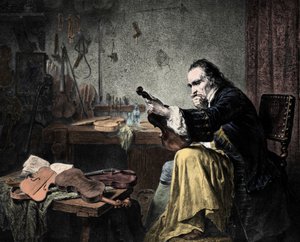 Luther Stradivarius (Antonio Stradivari) (1644-1737) w swoim warsztacie. Grawerowanie autorstwa Hammanna. Projektant skrzypiec Antonio Stradivari (Strodivarius) w pracy. autorstwa Unknown artist