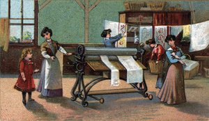 Maszyna do prasowania. (prasowanie). Chromolitografia z końca XIX wieku. autorstwa Unknown artist