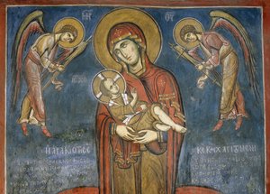 Madonna z Dzieciątkiem między Archaniołami, fresk (1192), kościół Panagia Tou Araka (Kościół Matki Bożej Grochowej) (Lista Światowego Dziedzictwa UNESCO, 2001), Lagoudera, góry Troodos, Cypr autorstwa Unknown artist