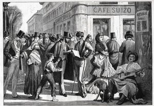 Madryt w 1873 roku. Spacery na rogu ulic Sewilli i Alcala. Grawerowanie z 1873 roku. autorstwa Unknown artist