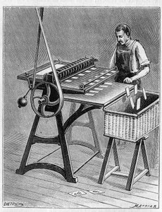 Robienie kart do gry starymi metodami. Decoupage kart do gry. Grawerowanie z 1893 roku. autorstwa Unknown artist