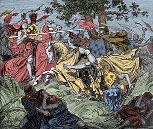 Manfred zabity w bitwie - Bitwa pod Benewentem (26 lutego 1266): śmierć Manfreda I (Hohenstaufena) autorstwa Unknown artist