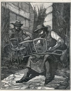 Produkcja krzeseł: ściółkowanie i kantowanie krzeseł. Grawer z 1885 roku w „Les arts et metiers illustres” Adolphe BITARD. autorstwa Unknown artist