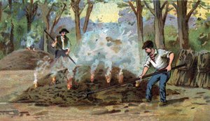 Produkcja węgla drzewnego, piec do spalania. Chromolitografia z końca XIX wieku autorstwa Unknown artist