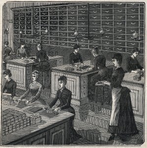 Produkcja piór metalowych: sortowanie i pakowanie piór w fabryce we Francji w XIX wieku. Grawer z 1885 roku w „Les arts et metiers illustres” Adolphe BITARD. autorstwa Unknown artist
