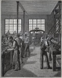 Produkcja obsadki do długopisu (pojemnik na długopis) i obsadka do ołówka (pojemnik na ołówki). Grawer z 1885 roku w „Les arts et metiers illustres” Adolphe BITARD. autorstwa Unknown artist