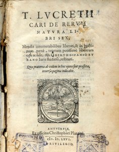 Strona rękopisu tomu 6 "De natura rerum" (Z natury) łacińskiego filozofa Lukrecji (Titus Lucretius Carus) (98-55 pne) 1564 autorstwa Unknown artist