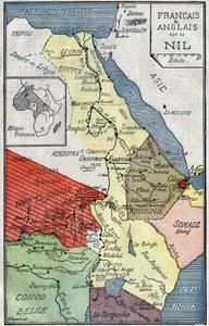 Mapa terytoriów afrykańskich skolonizowanych przez Francuzów i Anglików wzdłuż Nilu. Ilustracja w „Le Pelerin” z 2 października autorstwa Unknown artist