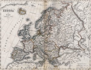 Mapa Europy. Druga połowa XIX wieku. Atlas włoski. Stabilimento Civellego. Mediolan. autorstwa Unknown artist