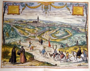 Mapa Sewilli w 1590 roku. W prawym dolnym rogu obrazu mieszkańcy wioski wyśmiewają się z rogacza na swoim osiołku. autorstwa Unknown artist