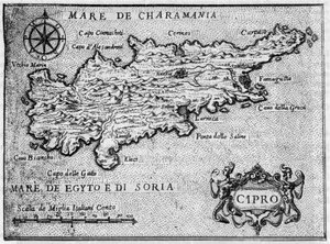Mapa wyspy Cypr (Cypr) w 1587 w „”Najbardziej oddanej podróży Jerozolimy”. autorstwa Unknown artist