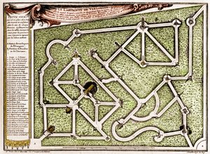 Mapa labiryntu w parku zamku w Wersalu, stworzona przez Andre Le Notre (1613-1700). Grawer w „” La Nature. Revue des sciences et de ses applications aux arts et a l