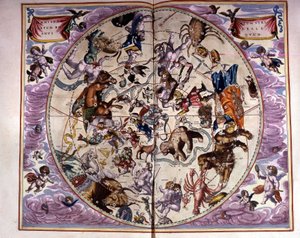 Mapa nieba i znaków zodiaku - faksymile starożytnej kompozycji przedstawiającej konstelacje nieba północnego według „Harmonia Macrocosmica” André Cellarius autorstwa Unknown artist