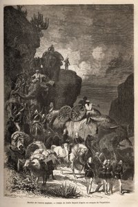 Marsz armii angielskiej w kierunku płaskowyżu Dalanta, podążając za wojskami cesarza Teodorosa (ok. 1818-1868), ze słoniami do transportu artylerii. Grawerowanie ilustrujące historię „” les captifs de Theodoros””, autorstwa doktora Henry