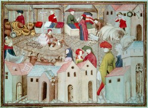 Marche de Champeaux w Paryżu Sprzedawcy betaili i drobiu, draperie. Miniatura zaczerpnięta z „Wędrującego rycerza” Thomasa de Saluces (Tommaso III di Saluzzo), około 1403-1404. Paryż, B.N. autorstwa Unknown artist
