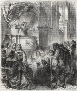 Marie de Rabutin-Chantal (Rabutin Chantal), markiza Sevigne znana jako Madame de Sevigne (1626-1696), posłuchaj francuskiego Louisa Bourdaloue (1632-1704) w kościele jezuitów, Saint-Louis w Paryżu - rycina z 1866 r. autorstwa Unknown artist