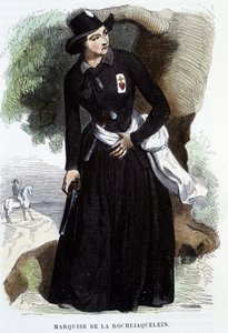 Marquise de La Rochejaquelein (lub La Rochejacquelein) (1772 - 1857) (na piersi insygnia Wandejczyków), grawer z XIX wieku autorstwa Unknown artist