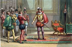 Masakra św. Barthelemy, księcia Conde i Henryka Nawarry, została sprowadzona do Karola IX, króla Francji (1550-1574), który dał im wybór między mszą a śmiercią. Katarzyna de Medicis (Caterina de Medici) (1519-1589) obserwuje scenę. Chrom autorstwa Unknown artist