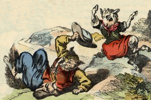 Mistrz lis bawi się z małą kozą. Ilustracja do bajki „Bon medor i mały Chevrette””. W „Opowieściach z domu dla najmłodszych””. Anonimowy rycina z XIX wieku. autorstwa Unknown artist