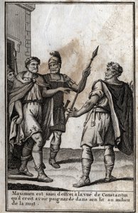 Maksymian Herkules (Marcus Aurelius Valerius Maximianus) (ok. 250-310), cesarz rzymski, ogarnia strach na widok Konstantyna (Konstantyn I, Flauius Valerius Aurelius Constantinus, 272-306), swego zięcia, którego myśli, że dźgnął go w łóżko i autorstwa Unknown artist