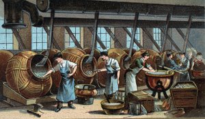 Produkcja mechaniczna drażetek. Chromolitografia z końca XIX wieku autorstwa Unknown artist