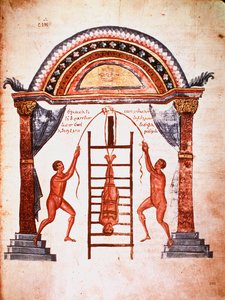 Medycyna: redukcja zwichniętego kręgosłupa, pacjenta wiesza się pasami do drabiny (rękopis) autorstwa Unknown artist