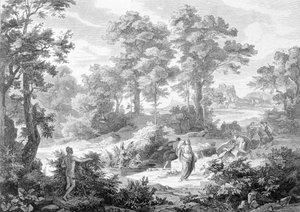 Spotkanie Ulissesa leżącego nad rzeką i Nausicaa. Rycina z końca XIX wieku. autorstwa Unknown artist