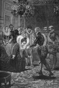 Spotkanie Maris de Medicis i Henryka IV (1601): Maria Medycejska (1573-1642) kłaniająca się swemu mężowi, królowi Francji Henrykowi IV (1553-1610). Rycina XIX wieku. W „Histoire de France” Julesa Micheleta autorstwa Unknown artist