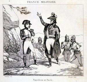 Spotkanie Napoleona Bonaparte i Pasquale lub Pascala Paoli (1725 - 1807), Patriota Korsyka. Rycina XIX wieku. autorstwa Unknown artist