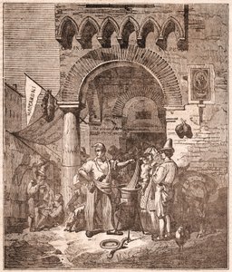 Kupiec gotujący makaron w rondlu, scena włoska (grawerowanie) autorstwa Unknown artist