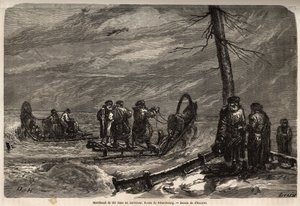 Kupiec karetki, ma śnieżne skrzyżowanie drogi do Petersburga. Rysunek Henrieta, ilustrujący jego podróż do rosyjskich prowincji bałtyckich w latach 1851-54. Grawerowanie w „”Le tour du monde””, pod redakcją Edouarda Chartona autorstwa Unknown artist