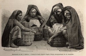 Kupcy mleka na ulicach Madrasu (obecnie Chennai, Tamil Nadu). Rycina ilustrująca podróż po południkowych prowincjach Indii autorstwa Alfreda Grandidiera, w latach 1862-1864, opublikowana w „” le tour du monde””, pod kierunkiem D
