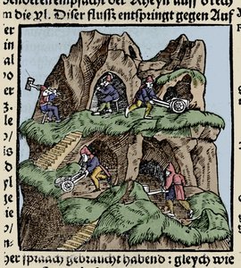 Kopalnie w XV wieku. Grawer z „Den Edlen Strength Besten Fromen” Johanna Stumpffa. początek XVI wieku. autorstwa Unknown artist