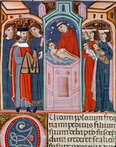 Miniaturowa scena chrztu zaczerpnięta z Kodeksu Justyniana (Codex Justinianus), zbioru praw i instytucji wydanych za cesarza rzymskiego Bizancjum Justyniana I (483-565) autorstwa Unknown artist