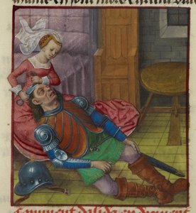 Miniatura przedstawiająca Delilę obcinającą włosy Samsonowi z „Le Roman de la Rose” autorstwa Unknown artist