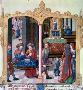 Cuda św. Ludwika: Król Ludwik IX (1214-1270) walczył z paralitykiem. Miniatura z rękopisu „Księga faktów Monsignor Saint Louis” XV wiek. Paryż, B.N autorstwa Unknown artist