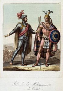 Montezuma II, król Azteków i Hernan (lub Hernando) Cortes lub Fernand Cortez (1485-1547), hiszpański konkwistador - w „Stary i współczesny kostium” Ferrario, wyd. Mediolan autorstwa Unknown artist
