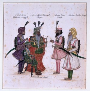 „Moonshee Bishun Singh, Maha Raja Ranjeet Singh, Raja Dian Singh, Sirdar Dulla Singh” autorstwa Unknown artist