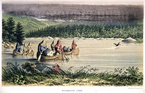 Mosquito Lake w Kanadzie: Indianie płyną kajakiem po jeziorze z moskitierami na głowie – w „Exploration of the Labrador Peninsula” Hind, Londyn autorstwa Unknown artist