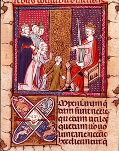 Matka i dziecko przed królem, przedstawicielka Justice Miniature zaczerpnięta z „Justiniani in Fortiatum”” XIV-wieczna Biblioteka Królewska Klasztoru Escorial (Escorial), Hiszpania autorstwa Unknown artist