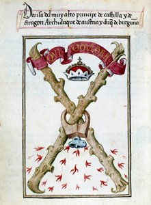 Motto książąt Burgundii. Strona rękopisu zaczerpnięta z „”Zbioru kultu królowej Joanny Folle (1479-1555) Hiszpanii”” Pedro Marcuello („Nabożeństwo do królowej Da Juany zwanej Wariatką”) XV-wieczny Chantilly, Musee Conde autorstwa Unknown artist