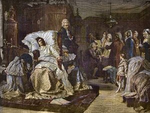 Ostatnie dni Mozarta po namalowaniu Hermanna Kaulbacha (1846-1909) - Gli ultimi momenti di Mozart - ostatni dzień Wolfganga Amadeusza Mozarta - grawerowanie w słynnym tygodniku „Muzyka popularna”” - 1882 autorstwa Unknown artist