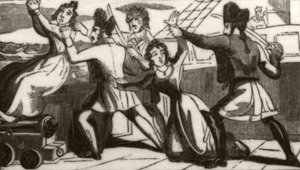 „Pani Glass i jej córka błagają piratów o ratowanie życia”, ok. 1836 r. autorstwa Unknown artist