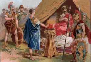 Mucius Scaevola przed Porsenną (Mucius Scaevola przed Porsenną). Caius Mucius Scaevola, młody rzymski patrycjusz schwytany przez gwardię królewską Porsenny (Porsinna, Porsena) autorstwa Unknown artist