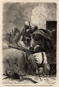 Muzułmańscy alpiniści osiedlili się w górach Svat, walcząc z angielską ekspedycją w 1863 roku, aby powstrzymać grabież wiosek w regionie. Rycina ilustrująca historię Pandżab i Kaszmiru, autorstwa Guillaume Lejean w 1866 roku, opublikowana w „” Le tour du autorstwa Unknown artist
