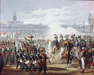 Napoleon Bonaparte (1769-1821) dokonuje przeglądu lombardzkiego i cyspadańskiego legionu milicji w dniu 07.09.1797 r. Grawerowanie akwarelowe. Mediolan, Museo del Risorgimento autorstwa Unknown artist