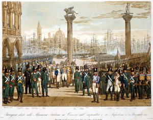 Napoleona I w Wenecji 29 listopada 1807 r. przed włoską marynarką wojenną. Rycina z 1845 r. autorstwa Unknown artist